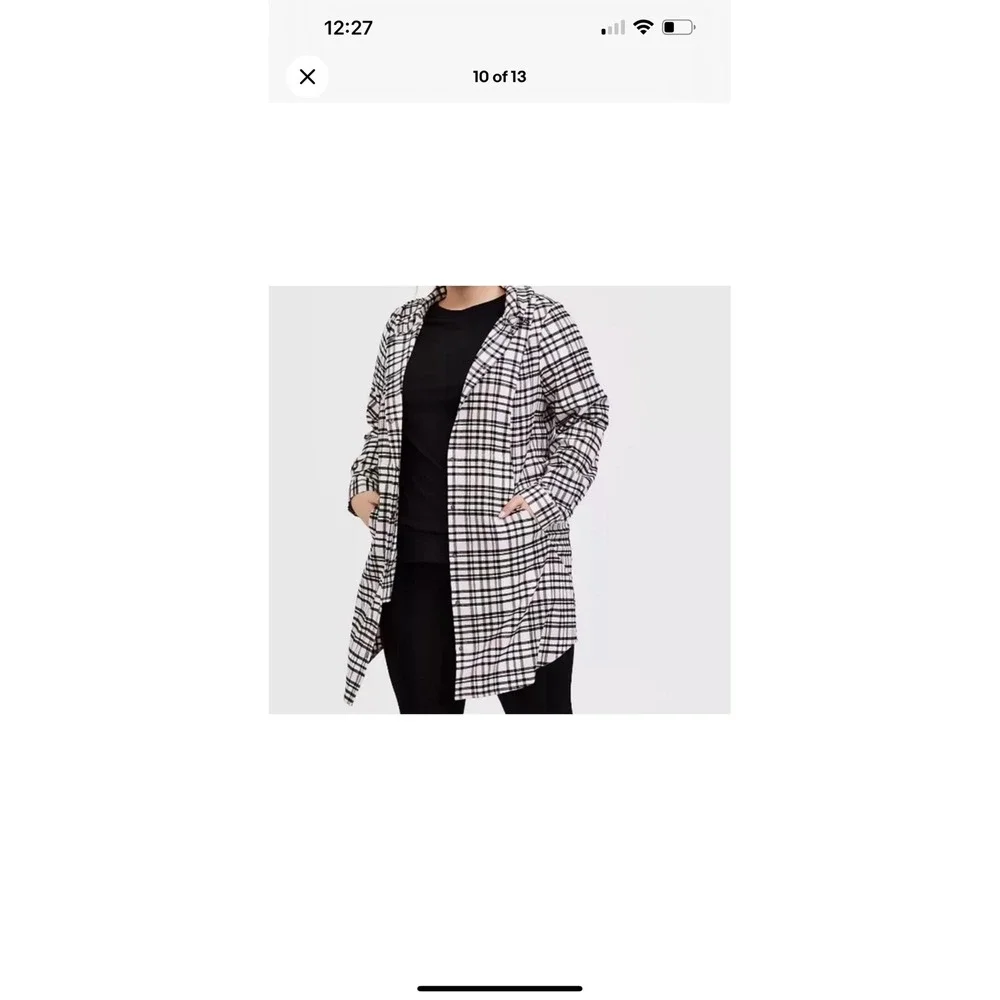 Torrid Plaid‎ Hooded Shirt Jacket White Pink Black Snap Front Plus Size